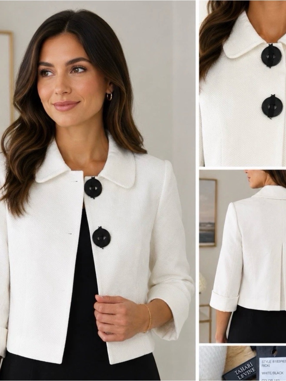 Tahari ASL White Cropped Blazer with Black Buttons